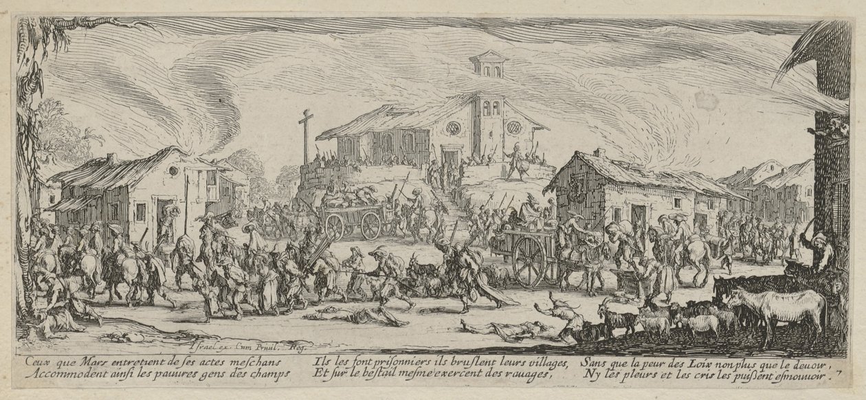 Plyndring og nedbrenning av en landsby, blad 7 fra serien «Krigens redsler» av Jacques Callot