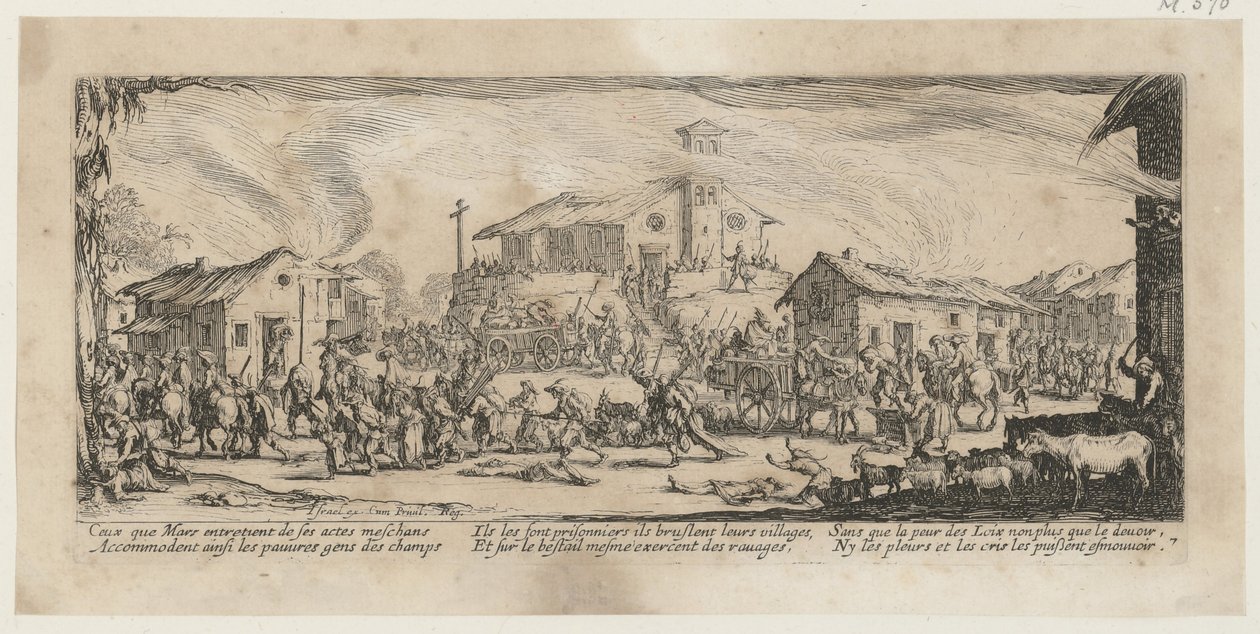Plyndring og nedbrenning av en landsby, blad 7 i serien «Krigens redsler» av Jacques Callot