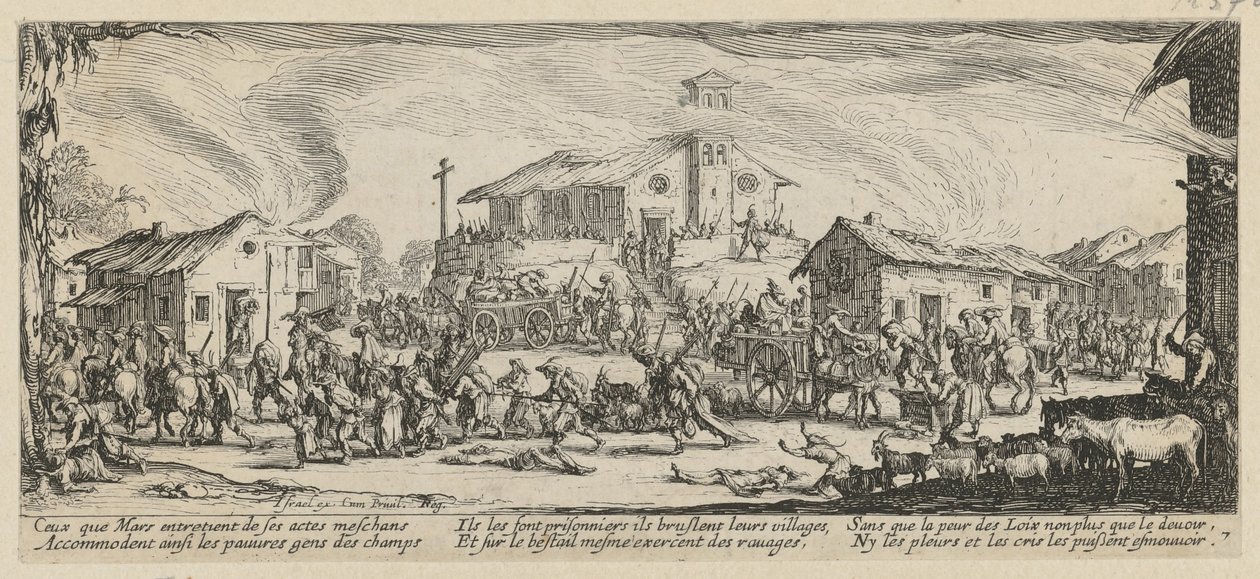Plyndring og nedbrenning av en landsby, plansje 7 i serien «Krigens redsler» av Jacques Callot
