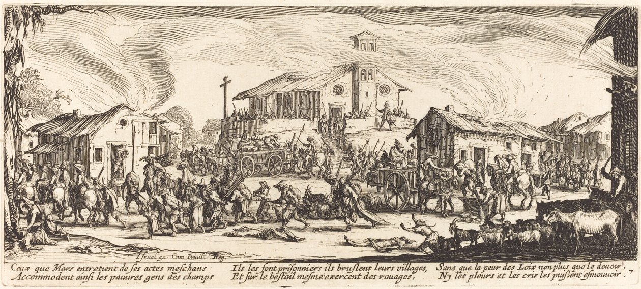 Plyndre og brenne en landsby, ca. 1633. av Jacques Callot