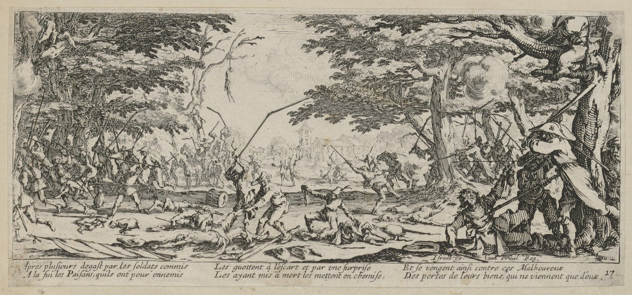 Bøndernes hevn, side 17 i serien «Krigens grusomheter» av Jacques Callot
