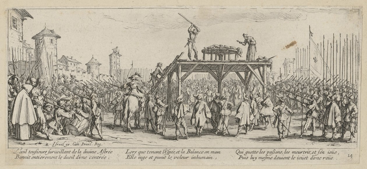 Rad, side 14 i serien «Krigens grusomheter» av Jacques Callot