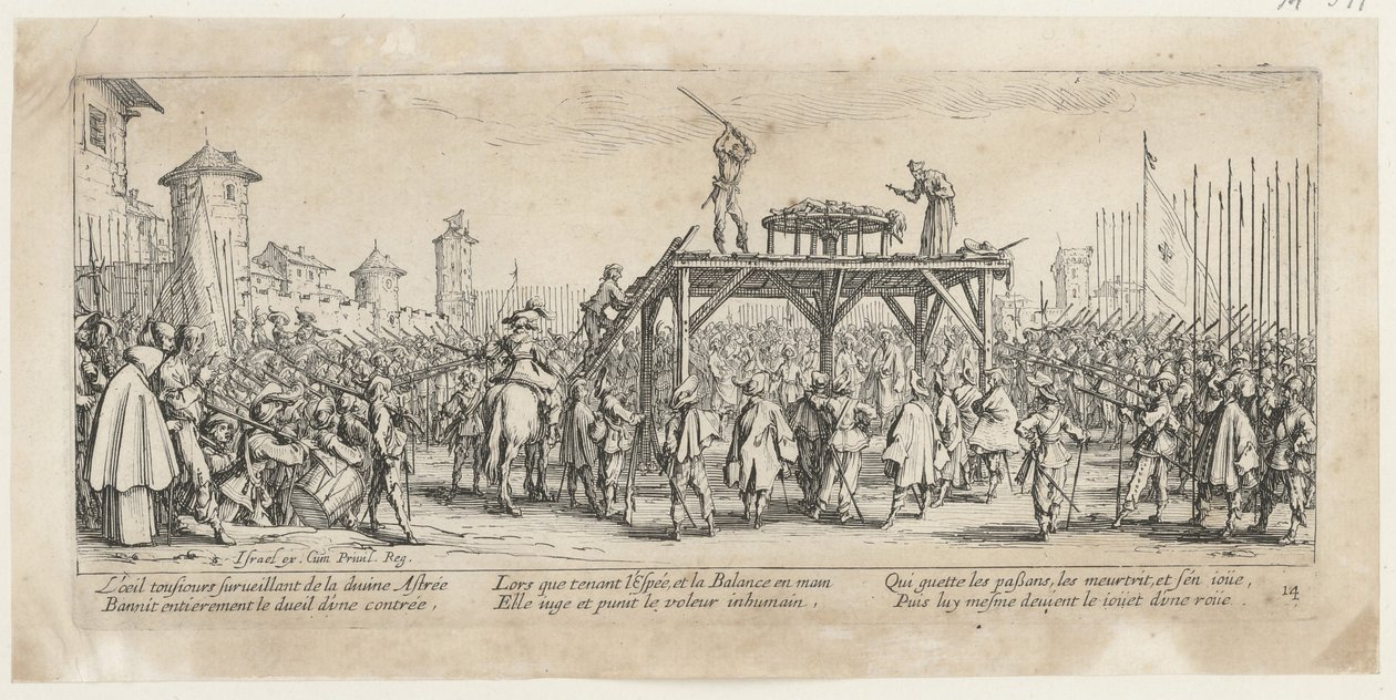 Rad, side 14 i serien «Krigens grusomheter» av Jacques Callot