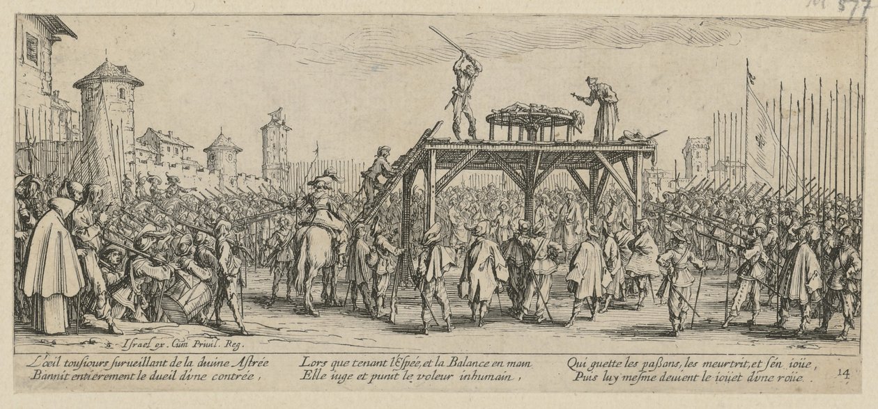 Rad, side 14 i serien «Krigens grusomheter» av Jacques Callot