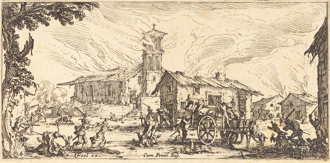 Herjer og brenner en landsby av Jacques Callot