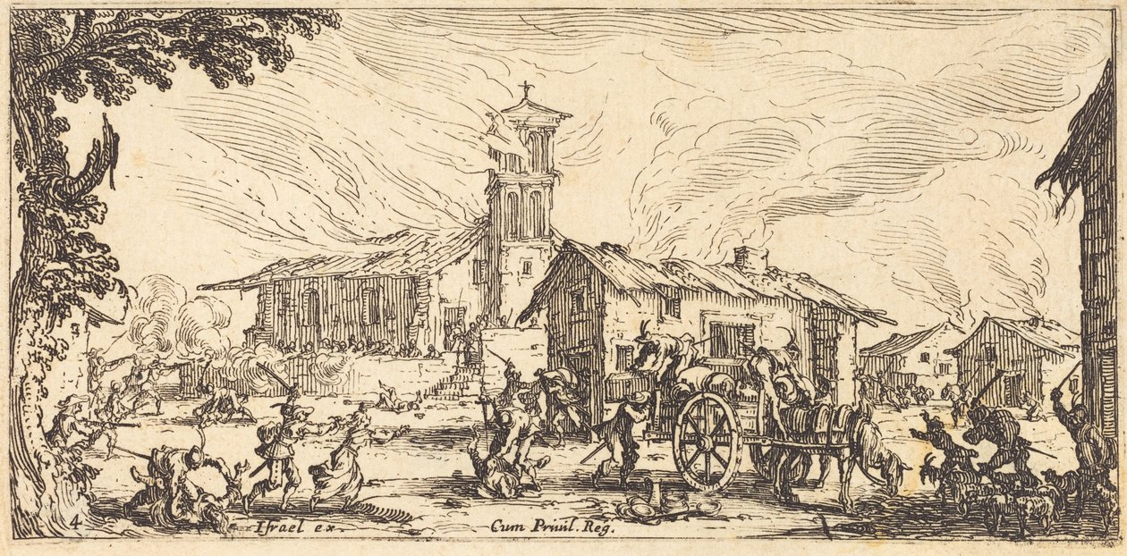Plyndring og nedbrenning av en landsby av Jacques Callot