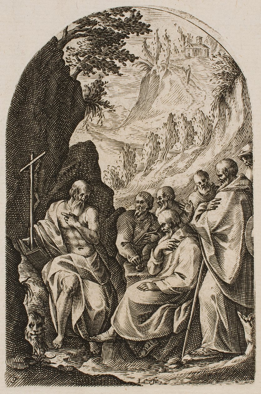 Sankt Hieronymus underviser disiplene sine i ørkenen, fra serien «Bilder fra Roma» av Jacques Callot