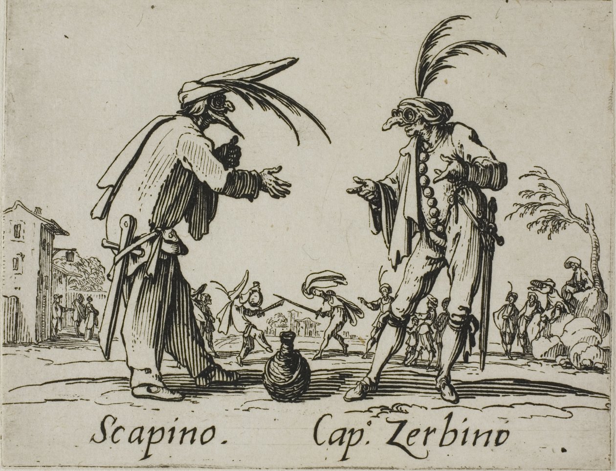 Scapino - Kaptein Zerbino, tallerken 12 fra Balli di Sfessania av Jacques Callot