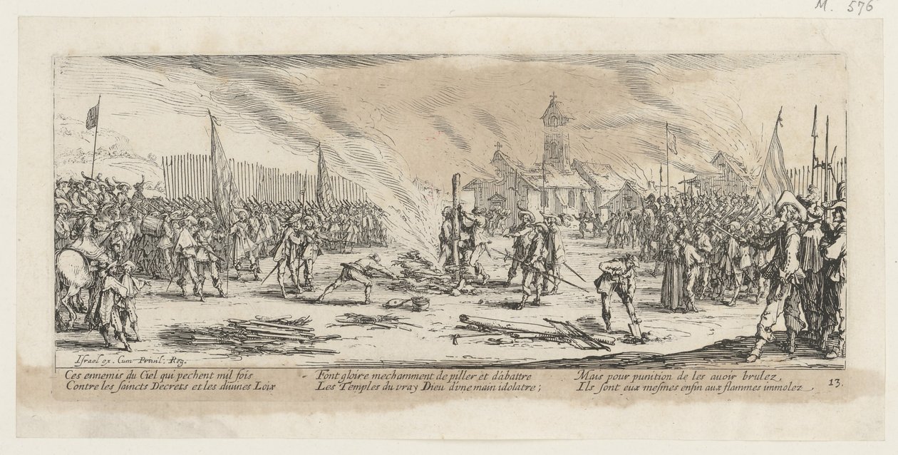 Bål, side 13 i serien «Krigens grusomheter» av Jacques Callot