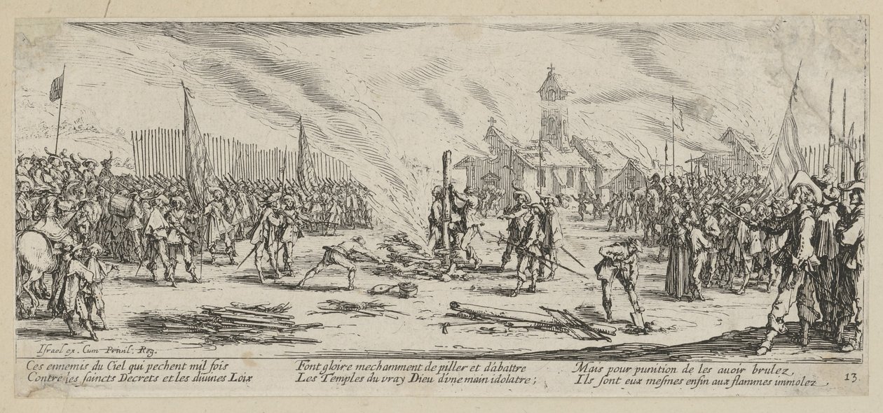 Bålet, blad 13 fra serien "Krigens redsler" av Jacques Callot