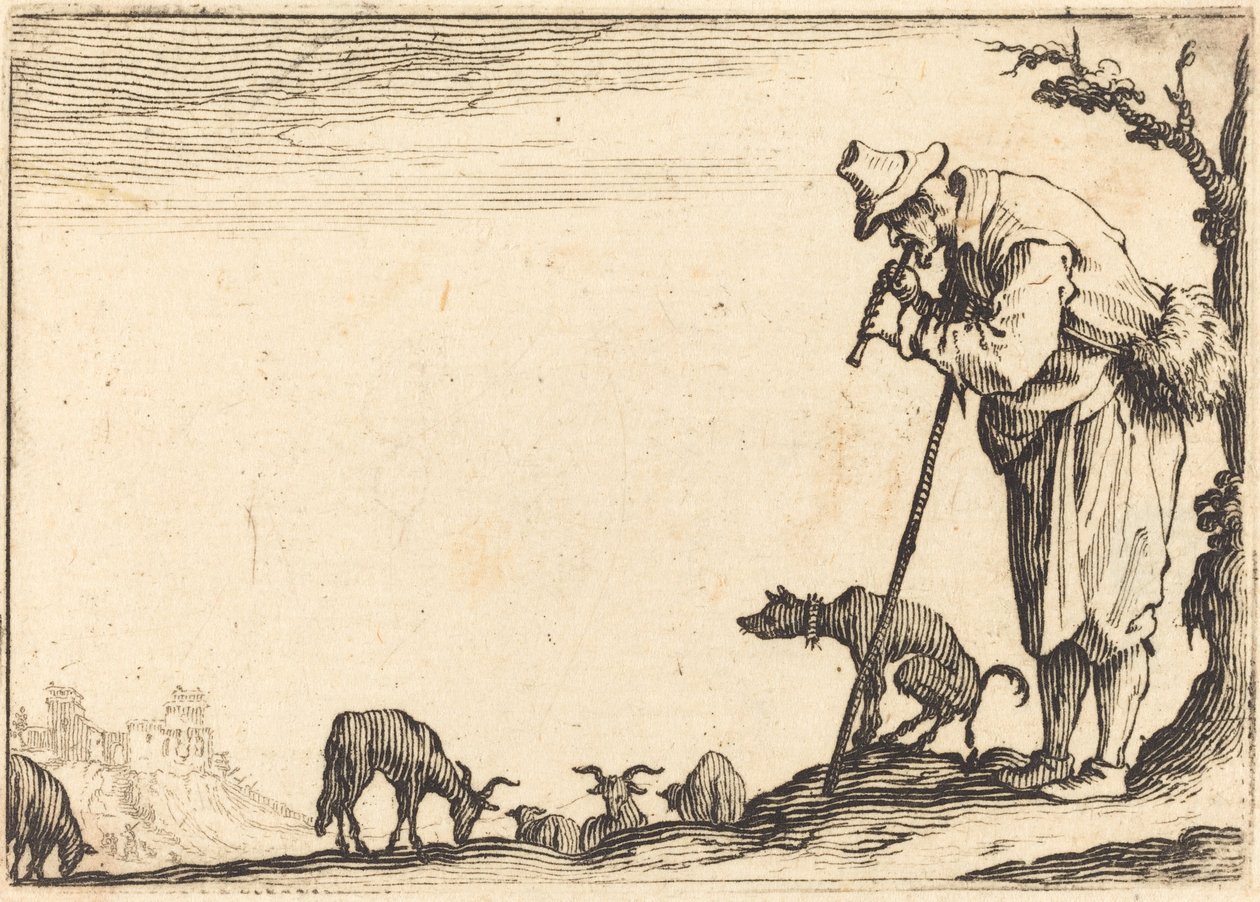 Shepherd spiller fløyte, ca. 1617. av Jacques Callot