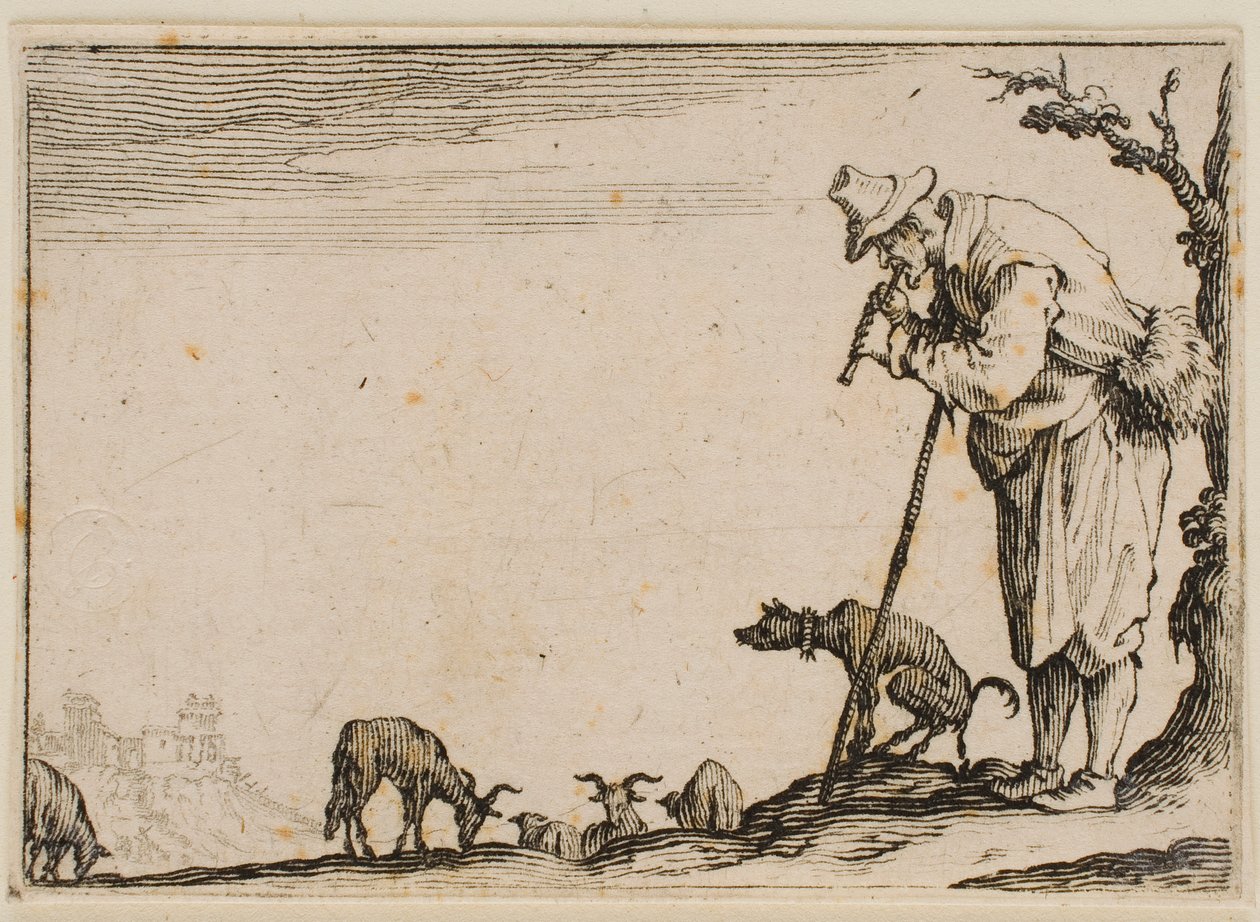 Hyrde som spiller fløyte, fra «Innfallene» (Firenze-utgaven) av Jacques Callot