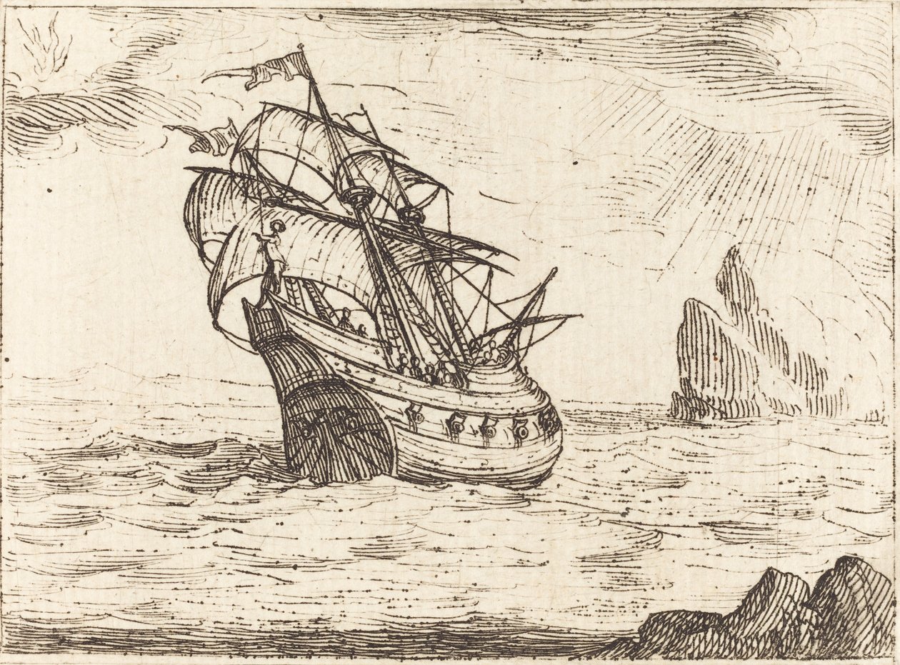 Skip som navigerer i nærheten av steiner av Jacques Callot