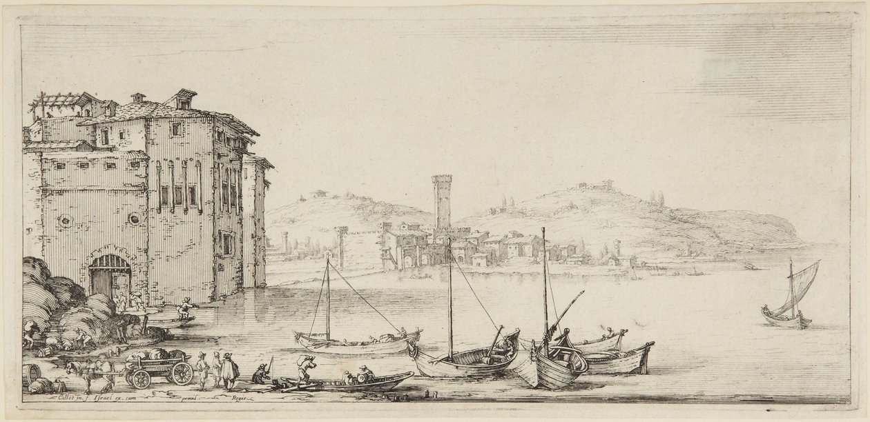 Skip som lastes, fra serien Diverse Vedute Designate in Fiorenza (Ulike landskap tegnet i Firenze) av Jacques Callot