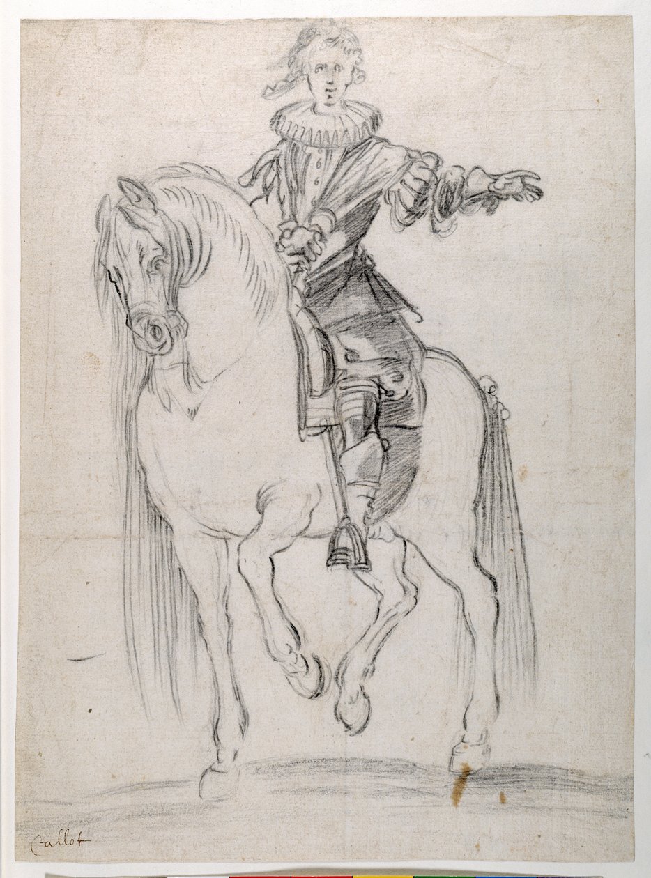 Skisse for Louis XIII på hesteryggen (svart kritt på papir) av Jacques Callot