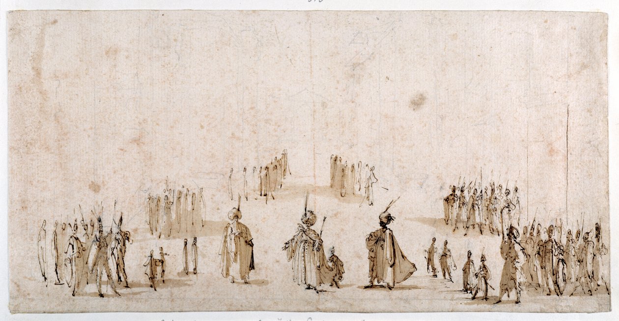 Skisse for iscenesettelse av grupper av figurer i 'Il Solimano' (penn og brunt blekk med brun vask over rødt kritt) av Jacques Callot