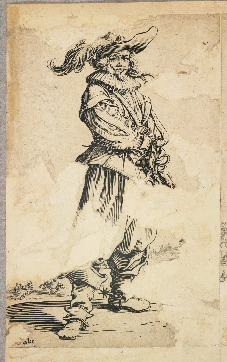 Soldat med fjærhatt, fra La Noblesse de Lorraine (verso), ca. 1620-23 av Jacques Callot