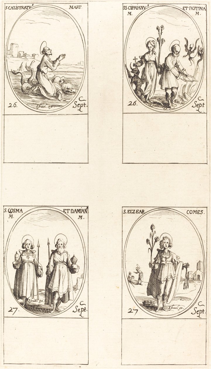 St. Calistratus, Sts. Cyprian og Justina, Sts. Comus og Damian, St. Elzear, grev. av Jacques Callot