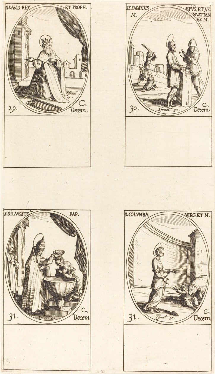 St. David, konge og profet; Sts. Sabinus og Venustiano; St. Sylvester; St. Columba av Jacques Callot