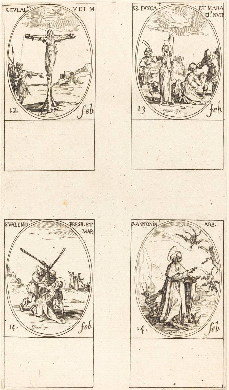 St. Eulalia; St. Fusca og Maura; St. Valentine; St. Anthony av Jacques Callot