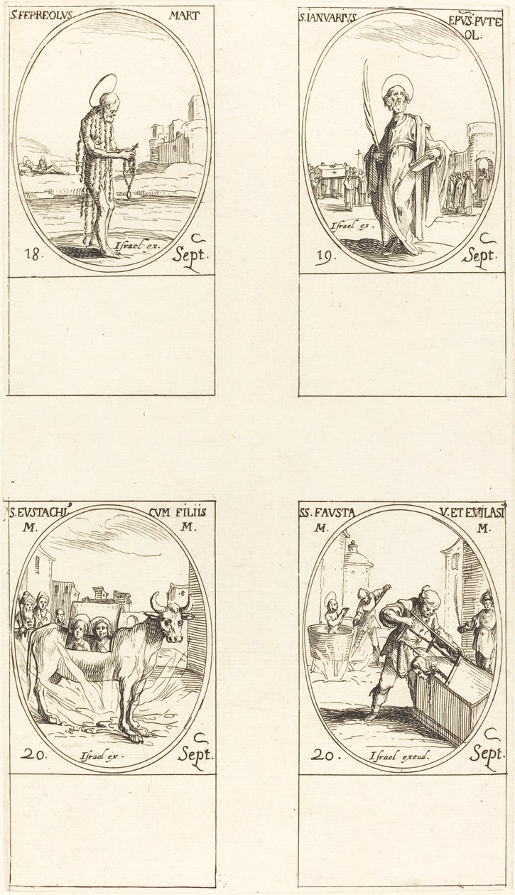 St. Ferreolus, St. januar, St. Eustace og hans barn, Sts. Fausta og Evelasius. av Jacques Callot