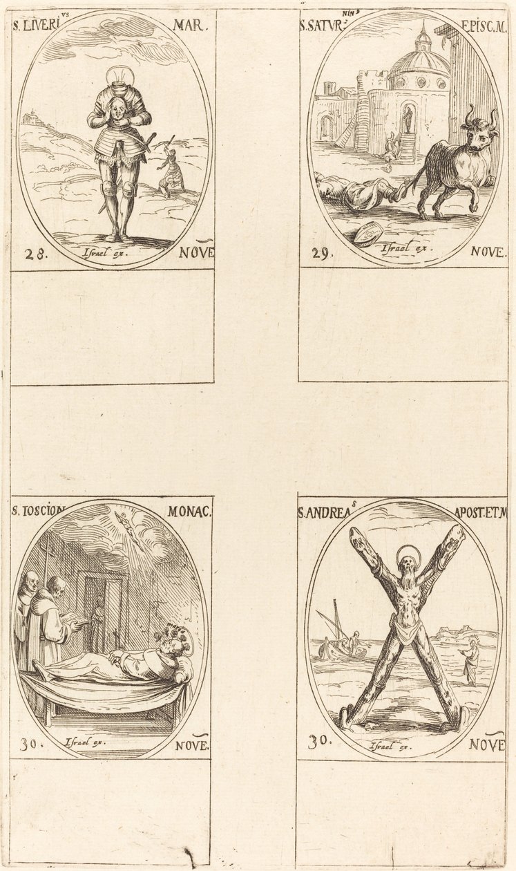 St. Liverius; St. Saturninus; St. T(I?)oscion; St. Andrew av Jacques Callot