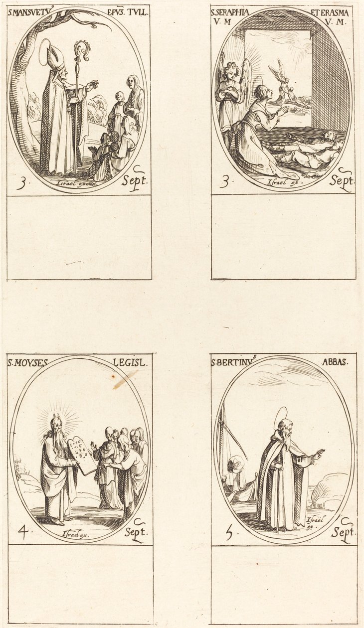 St. Louis Mansuetus; Sts. Serapia og Erasmus; Moses; St. Louis Bertin, abbed av Jacques Callot