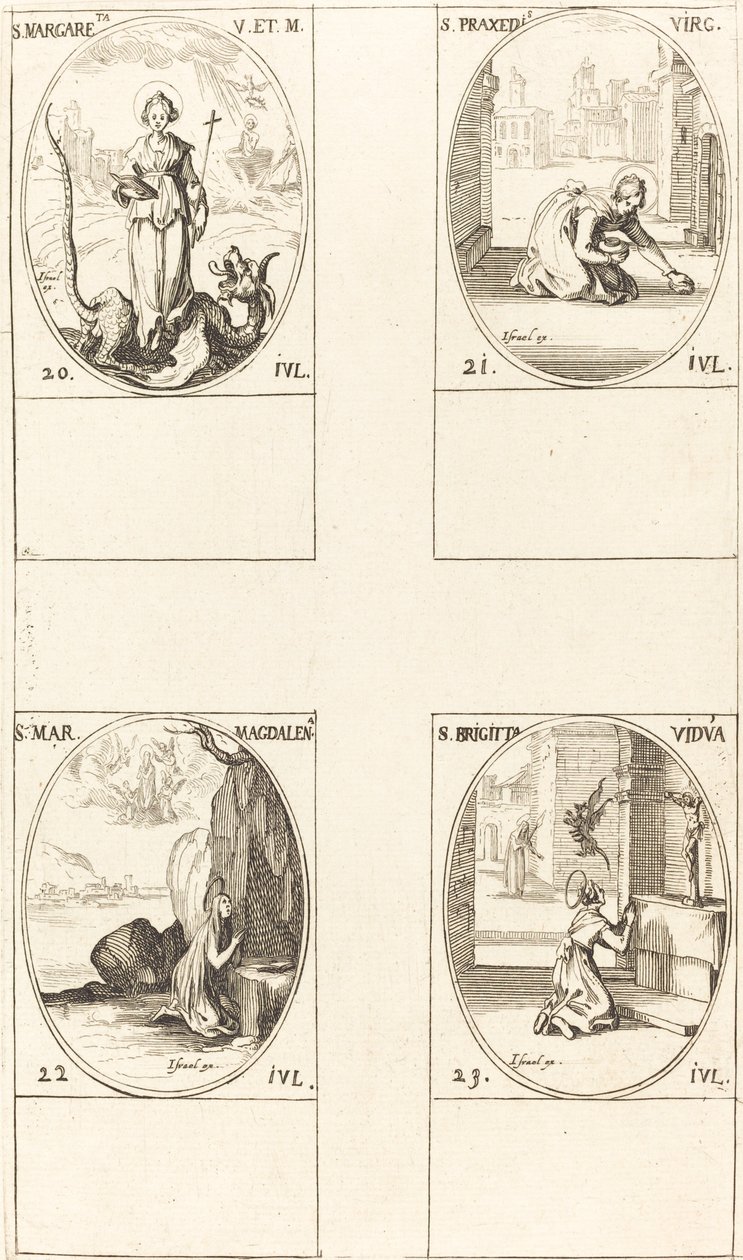 St. Margaret av Antiokia, St. Praxedes, St. Maria Magdalena, St. Birgitta av Sverige. av Jacques Callot