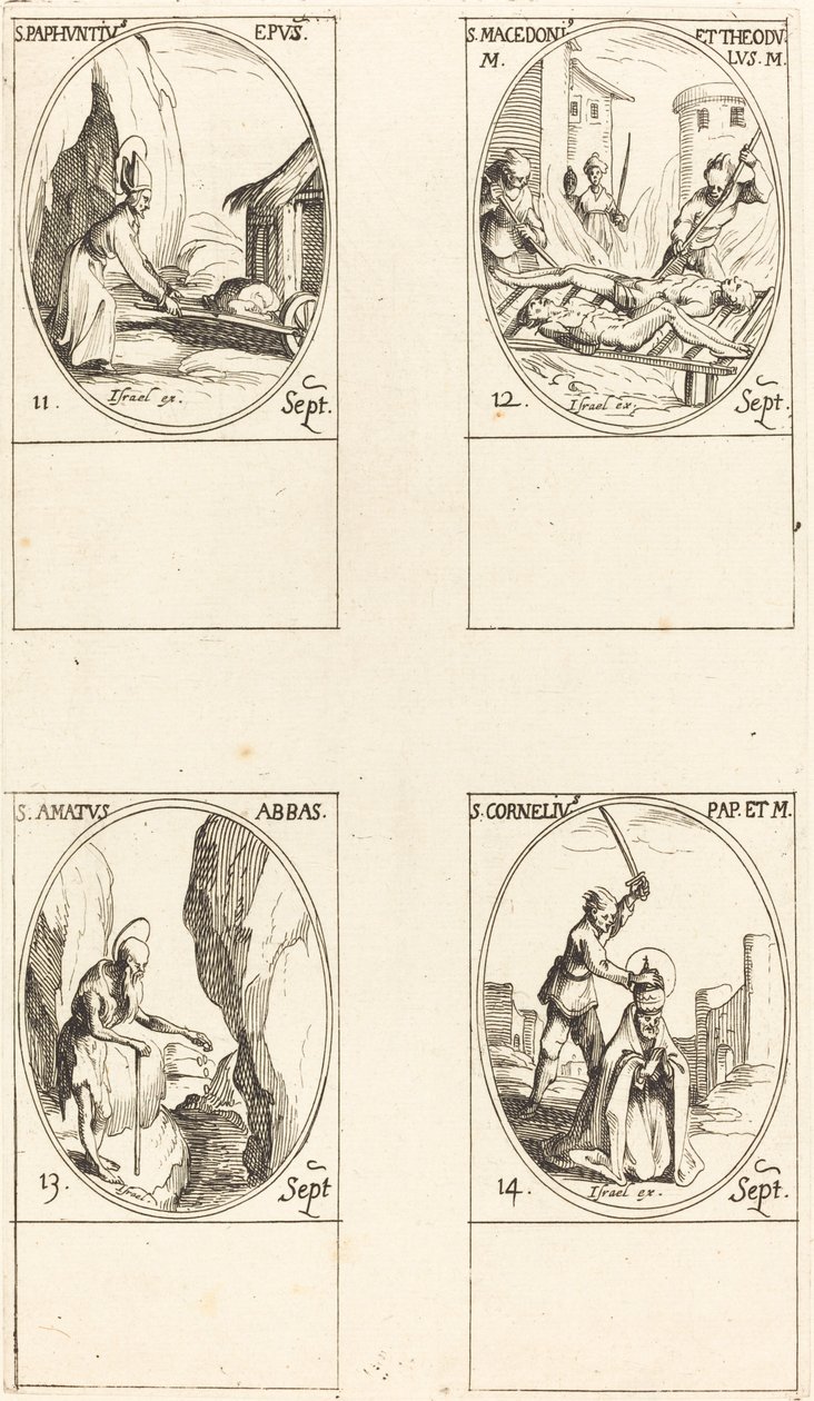St. Paphnutius; Hellige Macedonius og Theodulus; St. Elsket; St. Cornelia av Jacques Callot