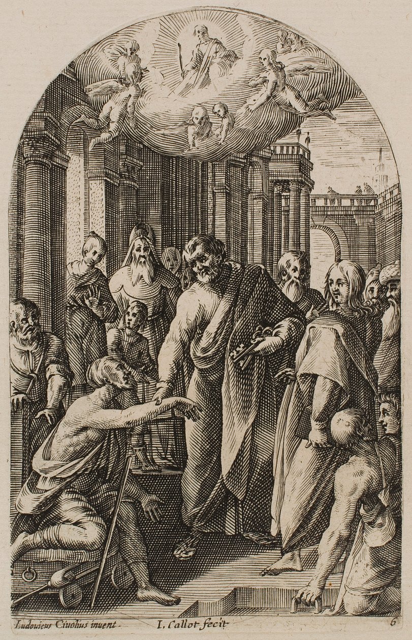 Sankt Peter og Sankt Johannes helbreder den lamme ved tempelporten, fra serien «Bilder fra Roma» av Jacques Callot