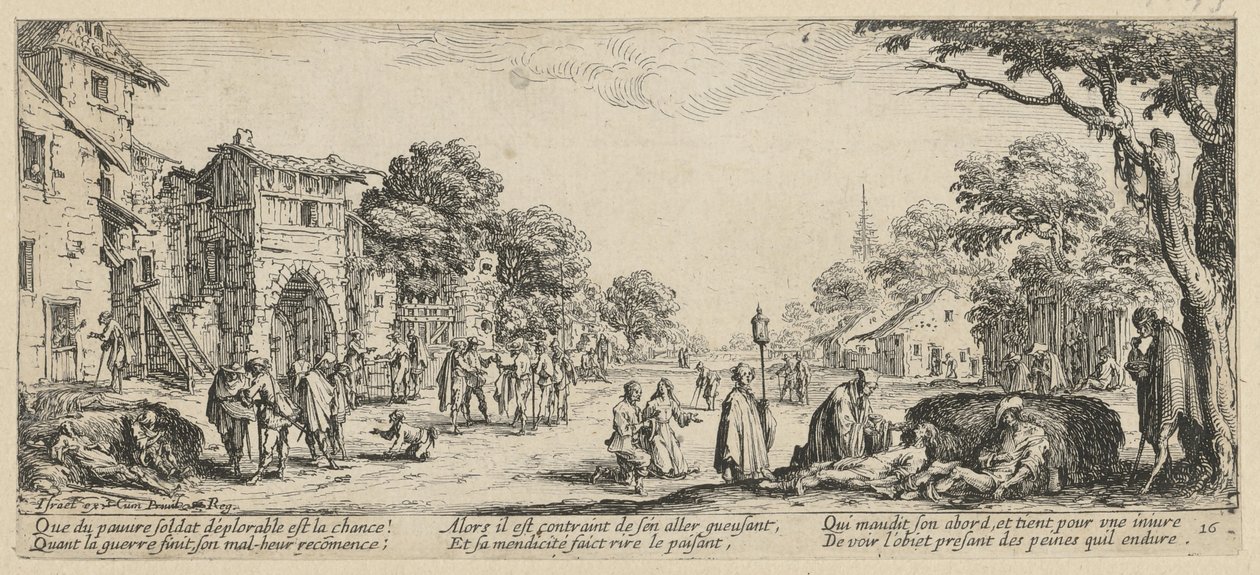 Døende ved veikanten, blad 16 i serien «Krigens grusomheter» av Jacques Callot