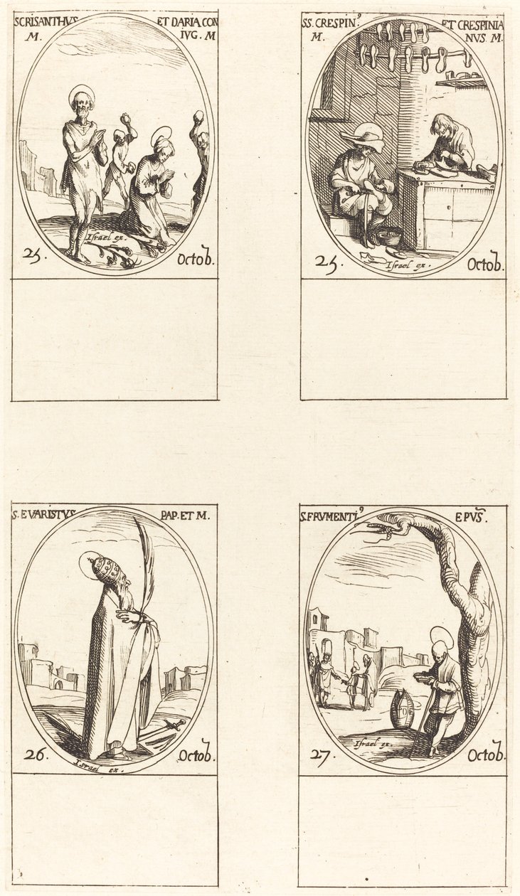 Sts. Chrysanthus og Daria; Sts. Crispin og Crispinian; St. Evaristus; St. Frumentius av Jacques Callot