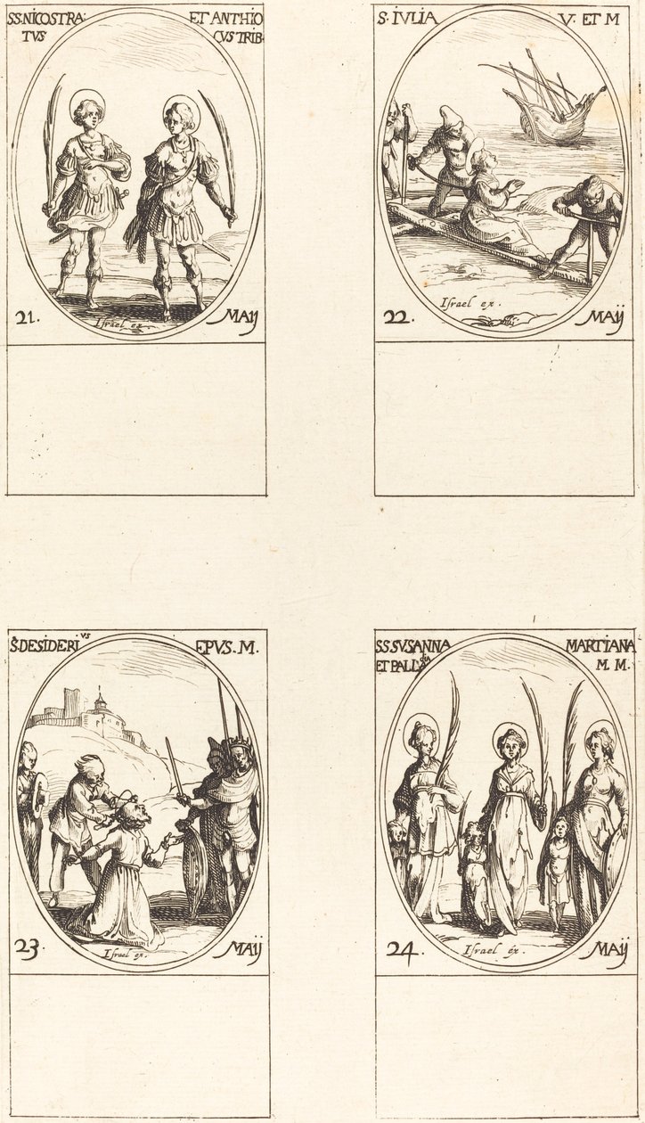 Hellige Nicostratus og Antiochus; St. Julia; St. Ønske; Hellige Susanna, Palladia, an av Jacques Callot