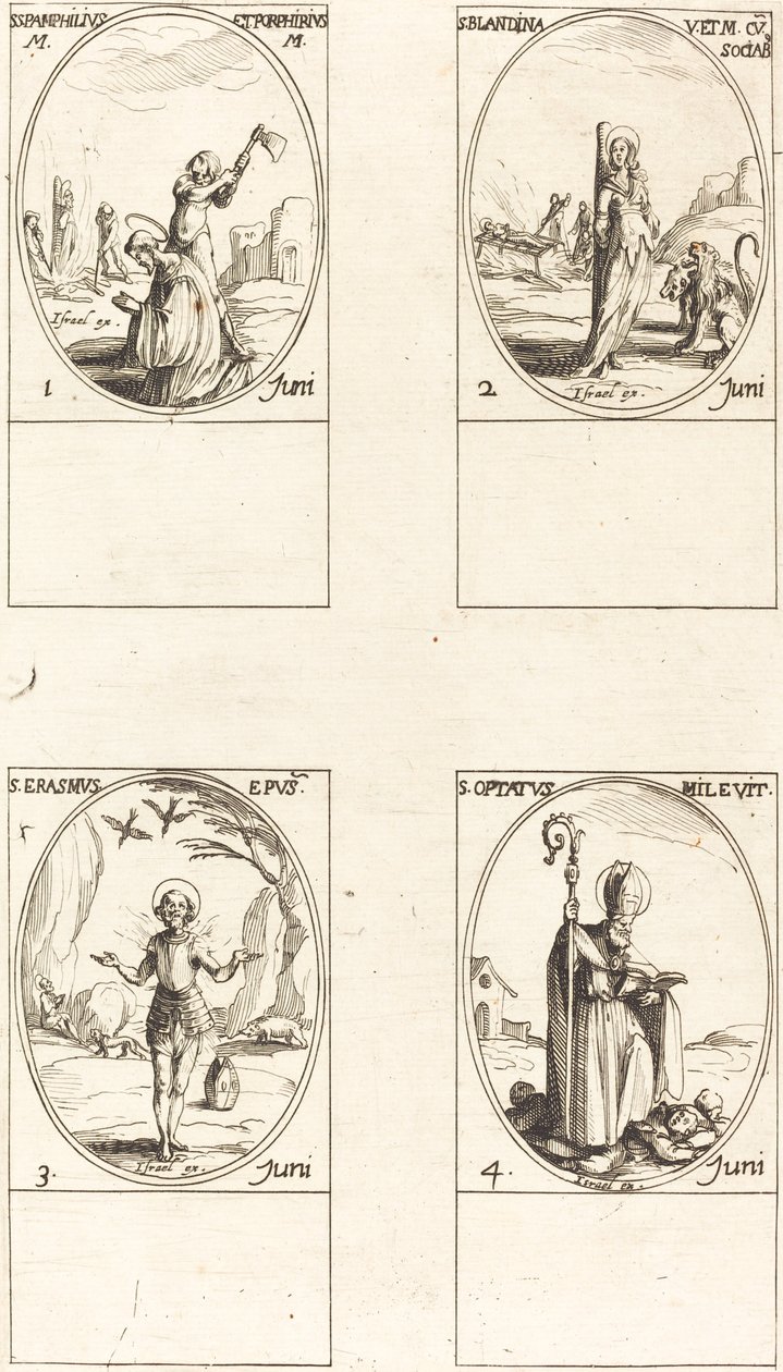 Sts. Pamphilius and Porphyrius; St. Blandina and Companions; St. Erasmus; St. Optatus   1253328   no       norwegian Successfully Translated  Original: Pluto, Neptune, Minerva and Apollo, from a series of eight compositions after Francesco P..., 1560s. Tra av Jacques Callot
