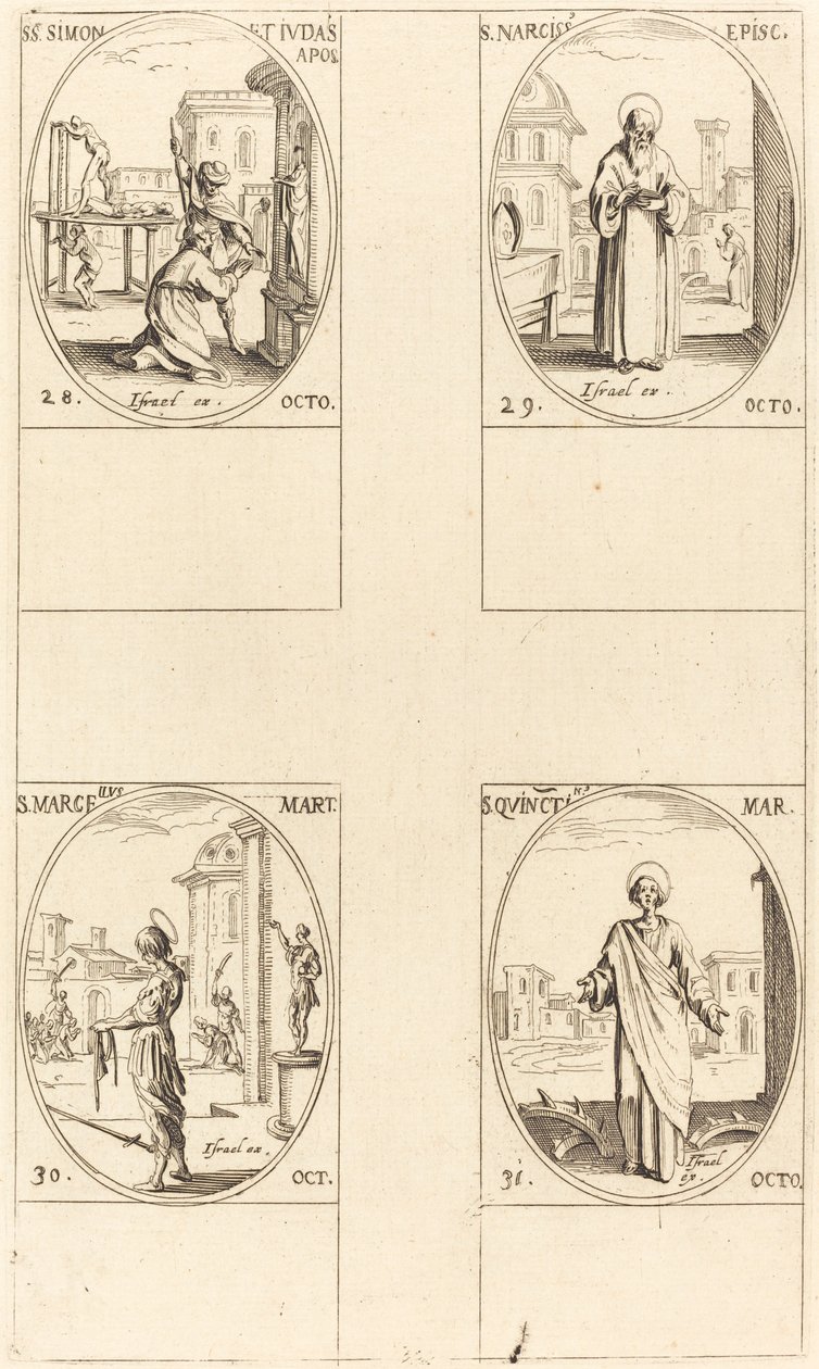 Sts. Simon og Judas, apostler; St. Narcissus; St. Marcellus; St. Quintin av Jacques Callot