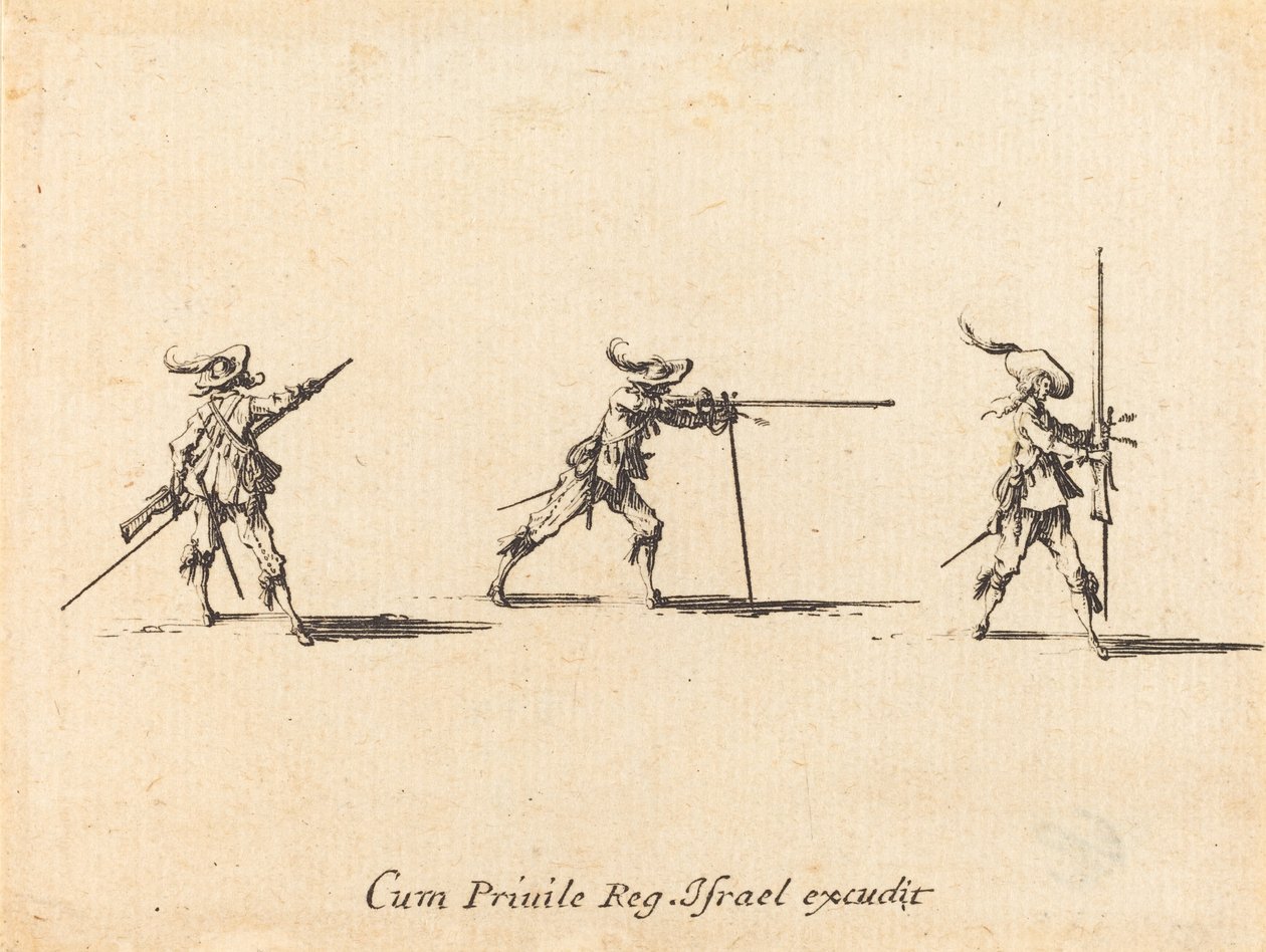 Inntar skyteposisjonen med musketten av Jacques Callot