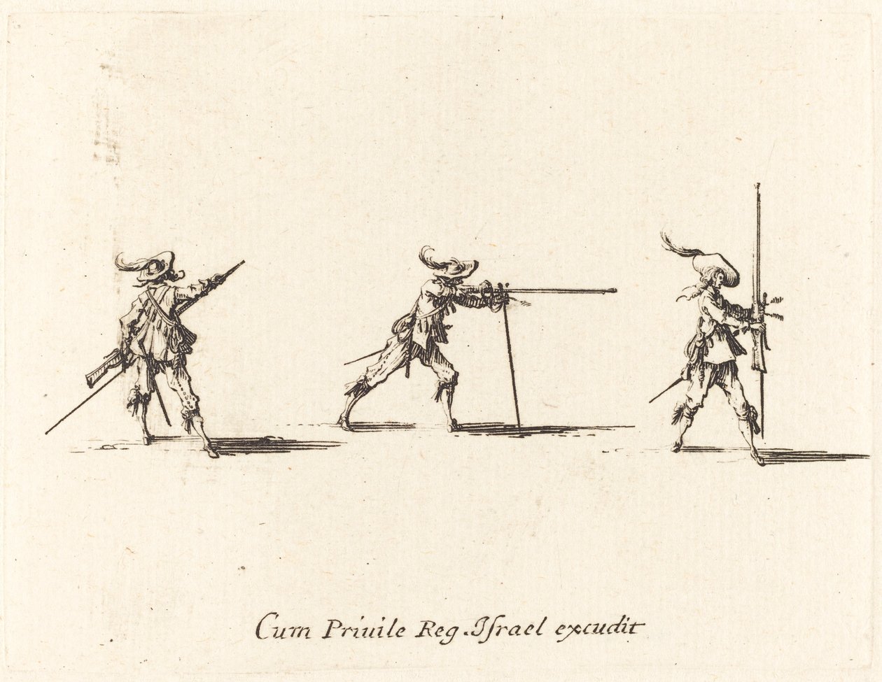 Inntar skyteposisjonen med musketten av Jacques Callot