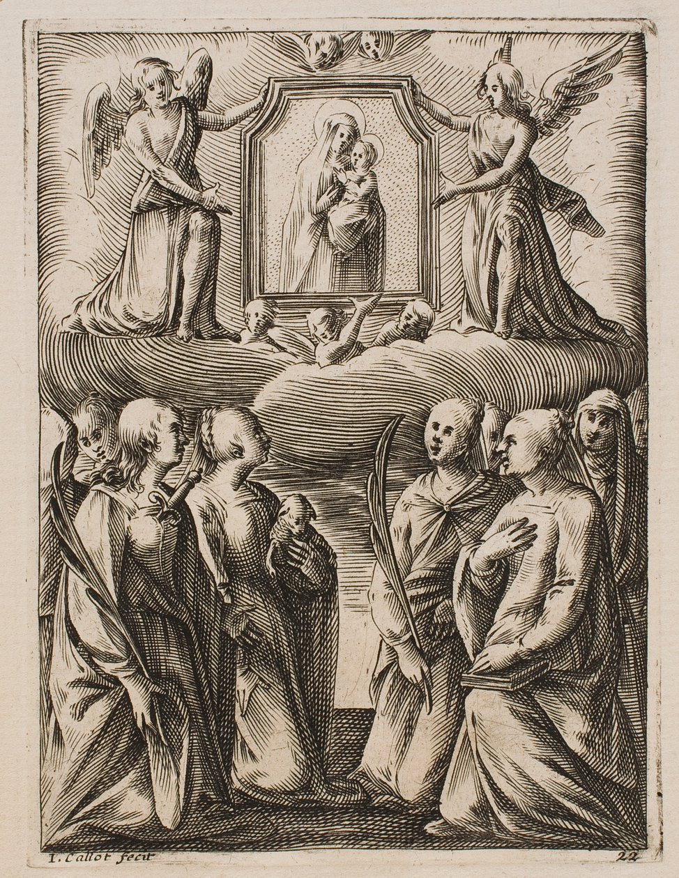 Tilbedelsen av Jomfruen og barnet, fra serien «Bilder fra Roma» av Jacques Callot
