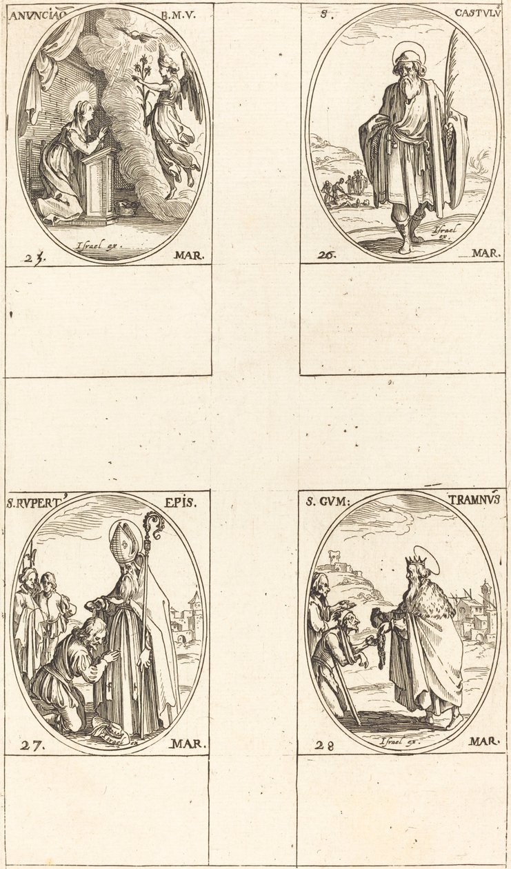 Bebudelsen, St. Castulus, St. Rupert, St. Gontran. av Jacques Callot