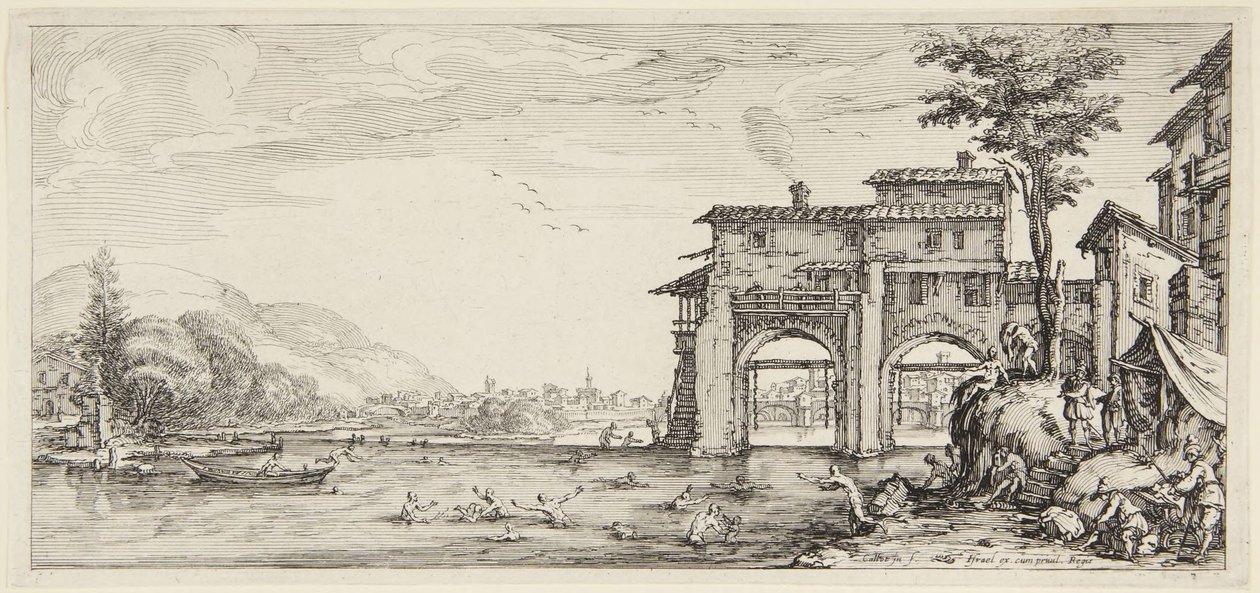 De badende, fra serien «Paysages gravées pour Jean de Médicis, Paysages dessinés à Florence» (Landskap for Giovanni de Medici eller landskap tegnet i Firenze) av Jacques Callot