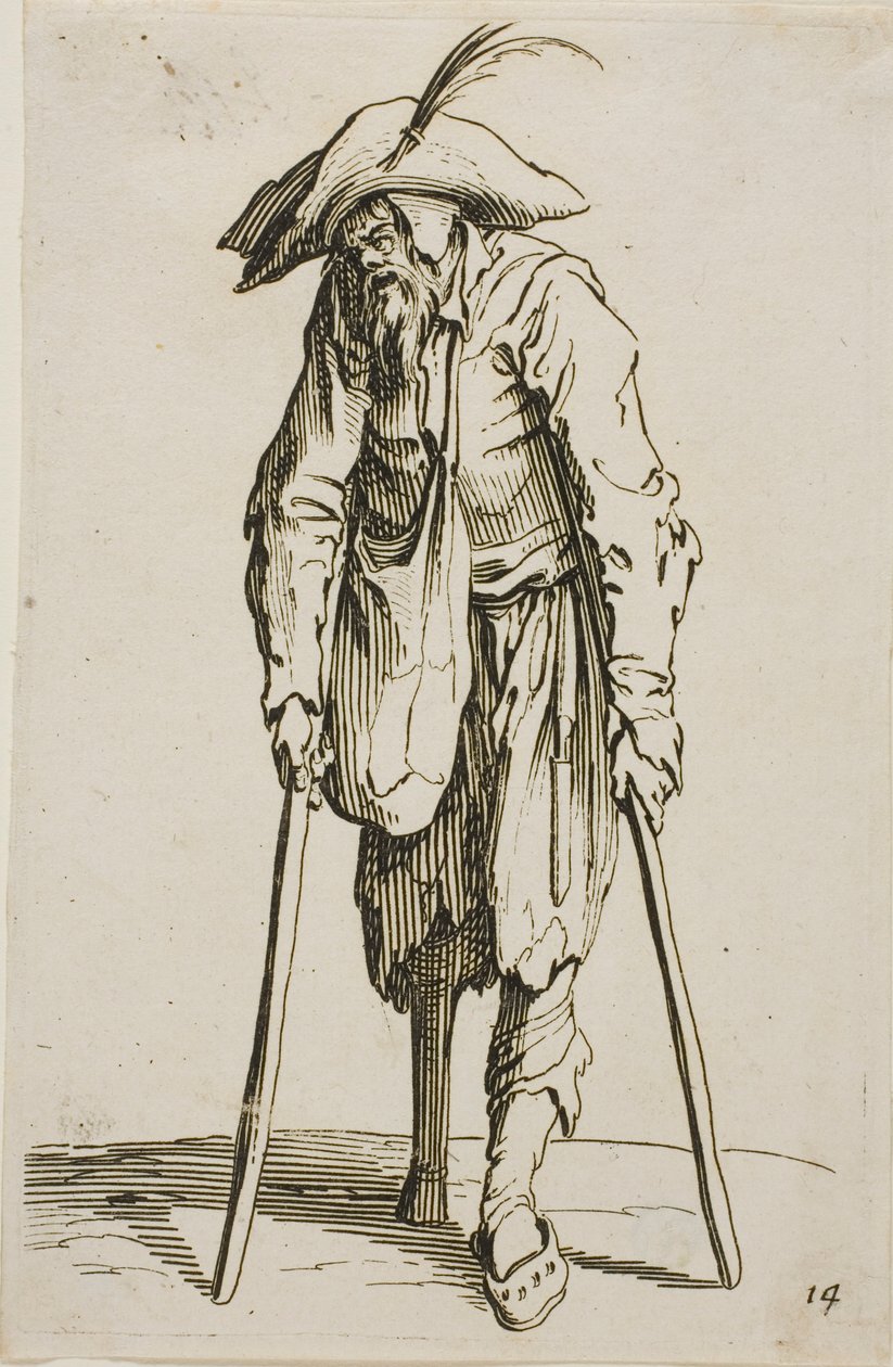 Tiggeren med trebenet, tallerken fjorten fra The Beggars av Jacques Callot