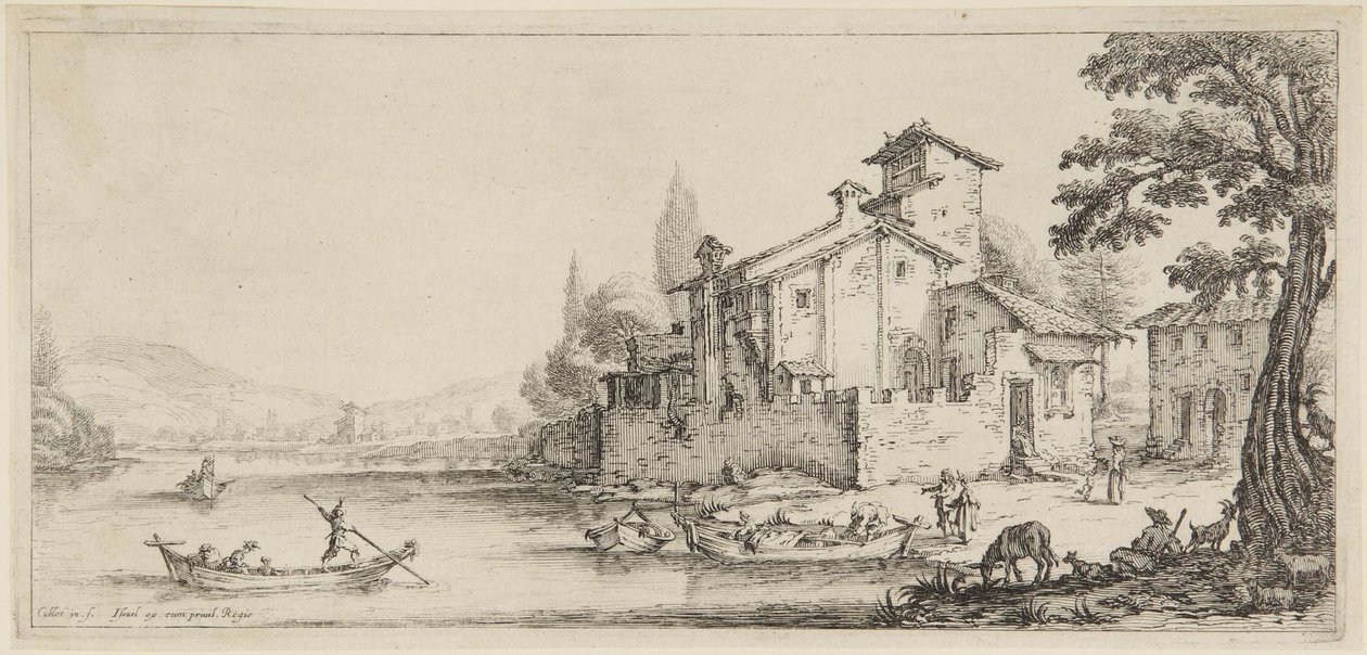 Båtturen, fra serien Diverse Vedute Designate in Fiorenza (Ulike landskap tegnet i Firenze) av Jacques Callot
