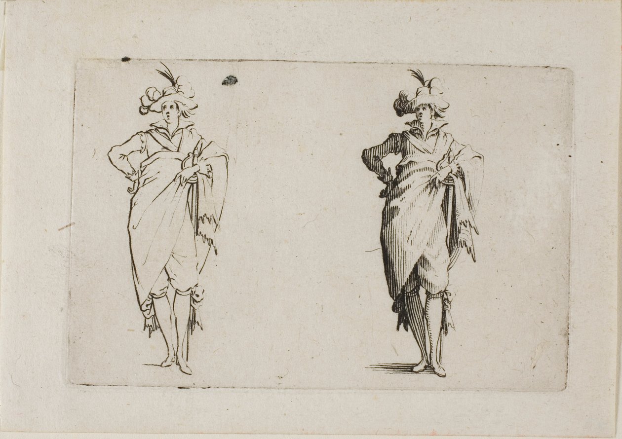 The Gentleman sett forfra, med høyre hånd på hoften, fra The Caprices av Jacques Callot