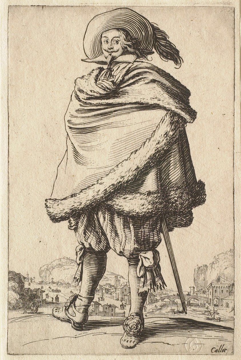 Herren innsvøpt i sin pelskantede frakk av Jacques Callot