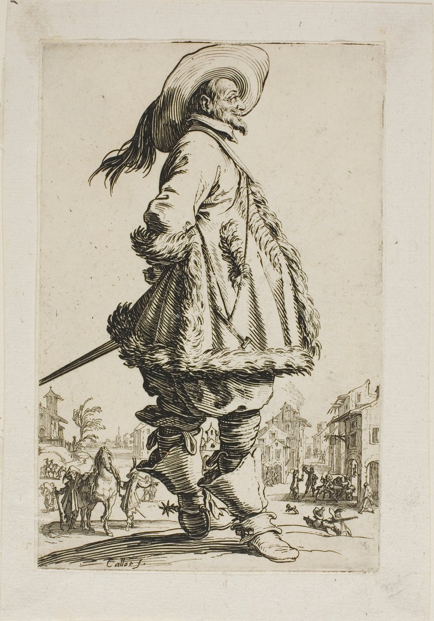 The Gentleman in a Pelstrimmet mantel, holder hendene bak ryggen hans, tallerken syv fra La Noblesse av Jacques Callot