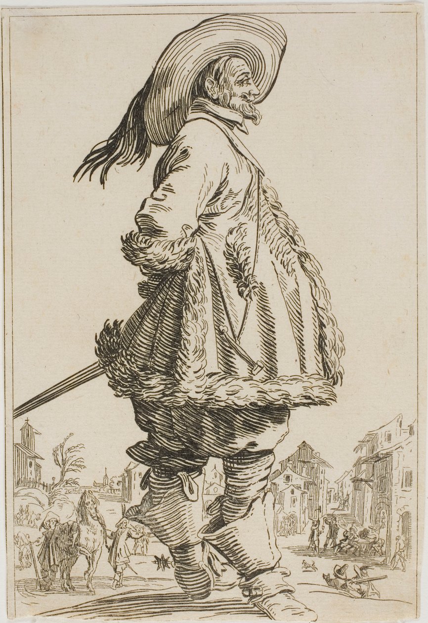 The Gentleman in the Fur-Trimmed Mantle with his Hands Behind his Back, fra serien The Nobility of Lorraine av Jacques Callot