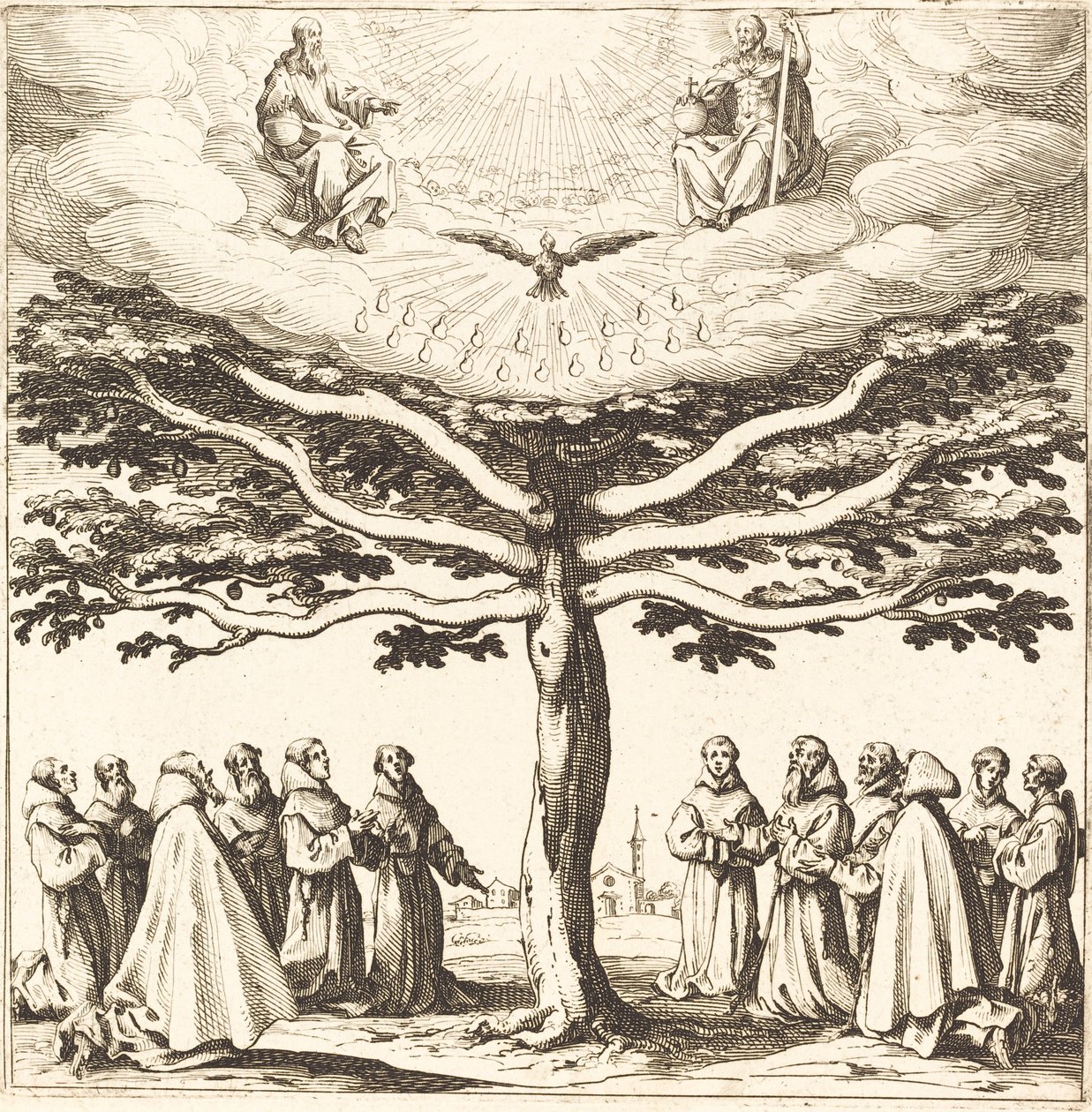 Den hellige treenighet i livets tre, tilbedt av fransiskanere av Jacques Callot