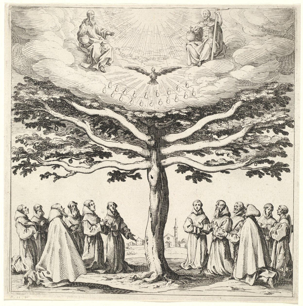 Den hellige treenighet i livets tre, tilbedt av fransiskanere av Jacques Callot