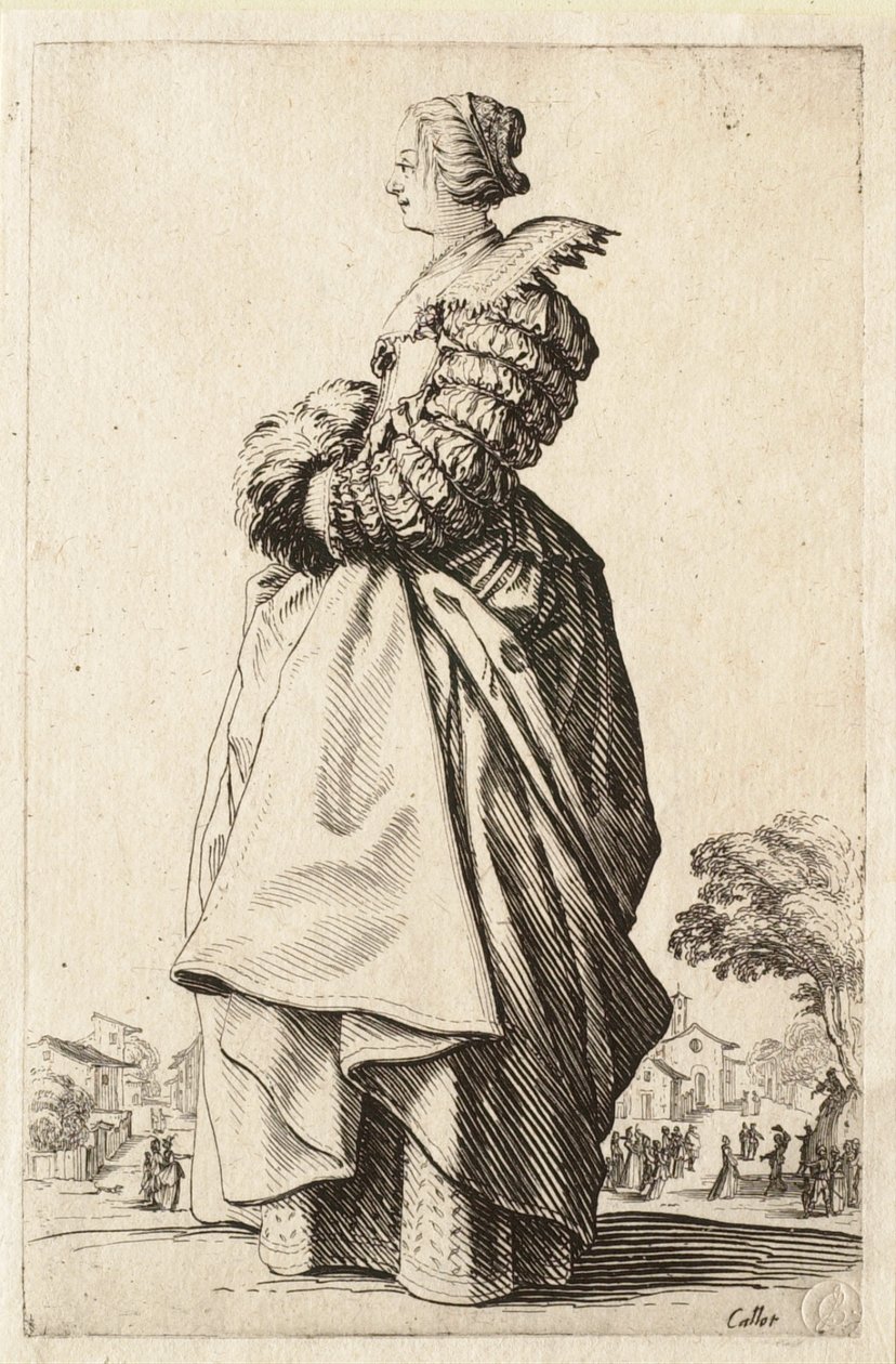 Damen i profil med hendene i muffen av Jacques Callot