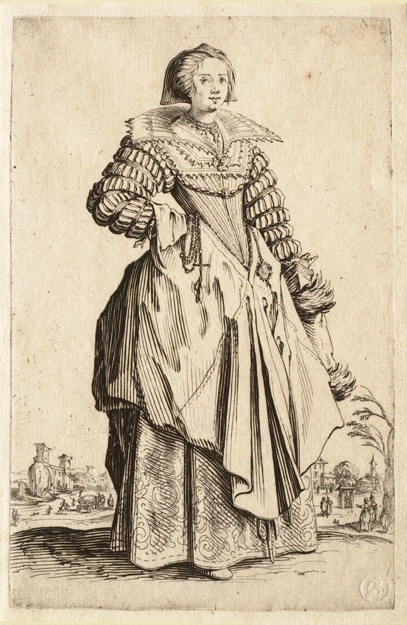 Damen med den store kragen og hodeplagget som faller bakover av Jacques Callot